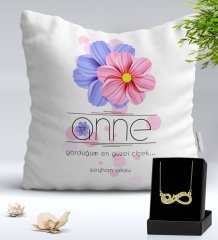 Kişiye Özel Anne Temalı Yastık ve Sonsuzluk Annem Kolye Hediye Seti