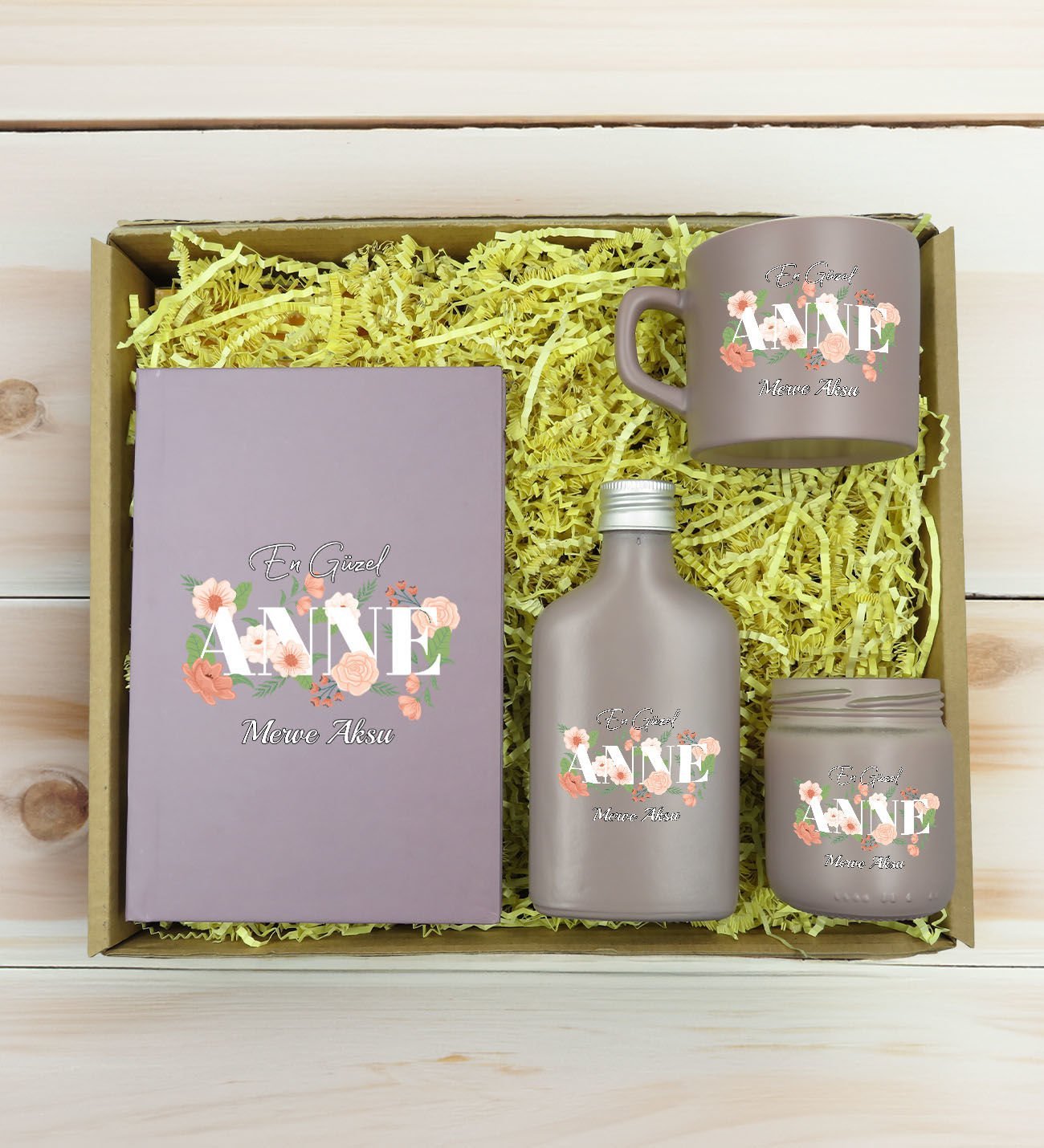 BK Gift Kişiye Özel İsimli DTF Anne Temalı Mat Gri Defter & Kahve Fincanı & Kolonya & Mum Hediye Seti-4, Anneye Hediye, Anneler Günü Hediyesi