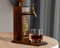 BK Gift Aynalı Altın Kabartma Musluklu Doğal Ceviz Ahşap Viski Standı, Home Bar, İçecek Dispenseri, Ahşap İçecek Çeşmesi-5
