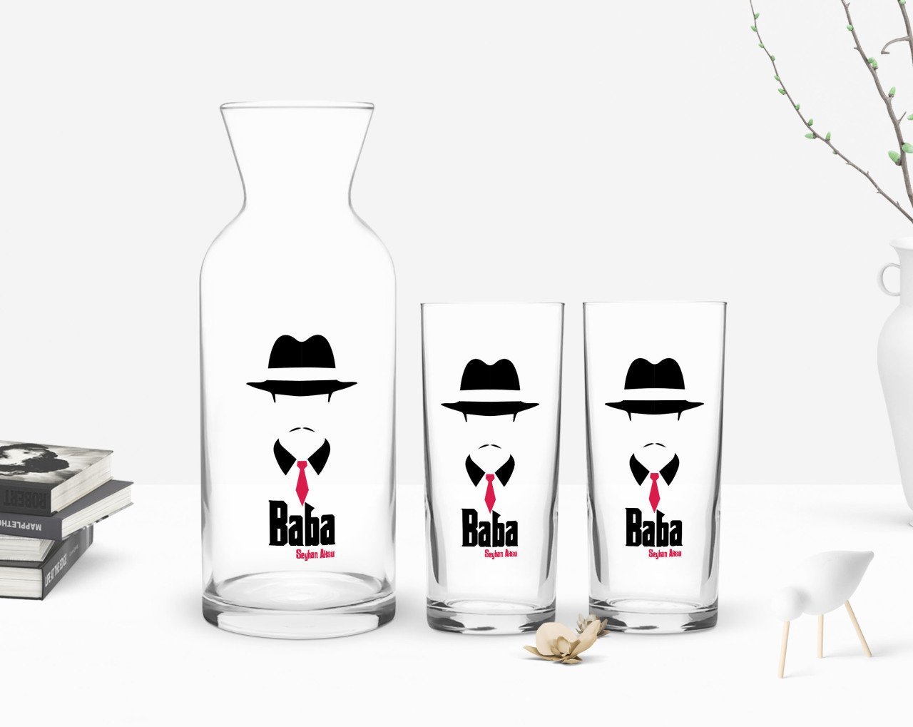 Kişiye Özel Renkli Baskılı Godfather Baba Tasarımlı İkili Rakı Bardağı ve Karaf Hediye Seti-11