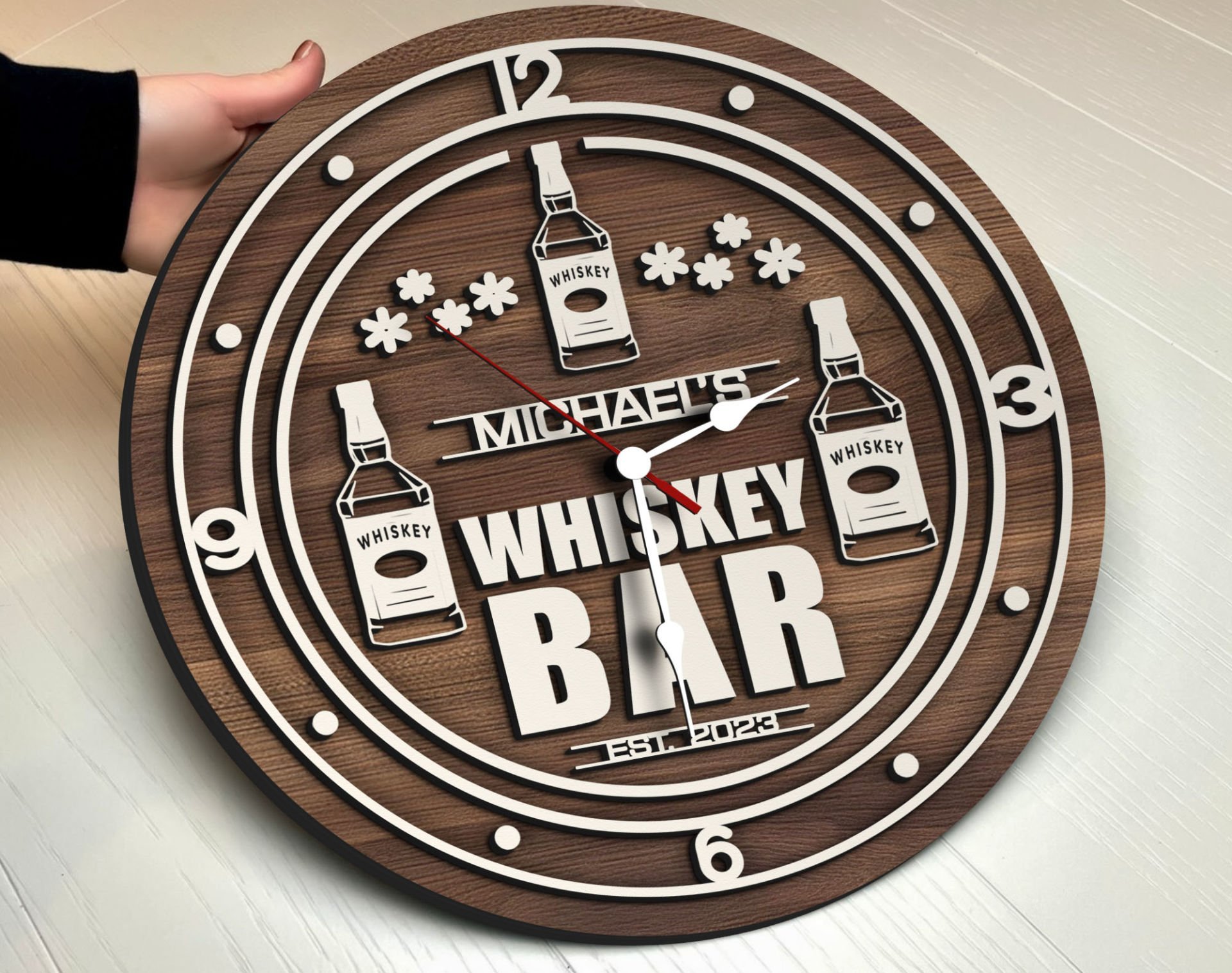 BK Gift Barlara Özel Dekoratif Ceviz Ahşap Duvar Saati 35cm-16 , Bar Duvar Saati , Cafe Duvar Saati , Özel Ahşap Saat