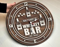 BK Gift Barlara Özel Dekoratif Ceviz Ahşap Duvar Saati 35cm-16 , Bar Duvar Saati , Cafe Duvar Saati , Özel Ahşap Saat