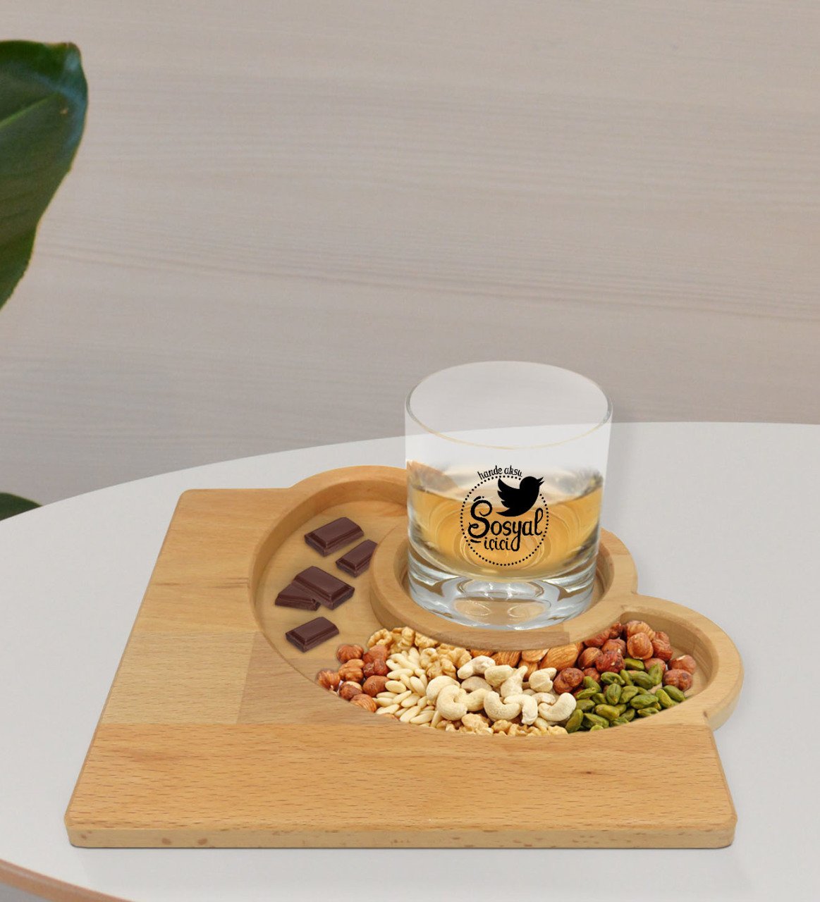 Kişiye Özel Sosyal İçici Tasarımlı Viski Bardağı ve Doğal Masif Ahşap Yarım Ay Sunum Tabağı Çerezlik Hediye Seti-1