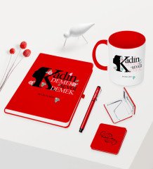 Kişiye Özel Kadınlar Günü Temalı Kırmızı Defter Kalem Kupa Ayna Seti - 4
