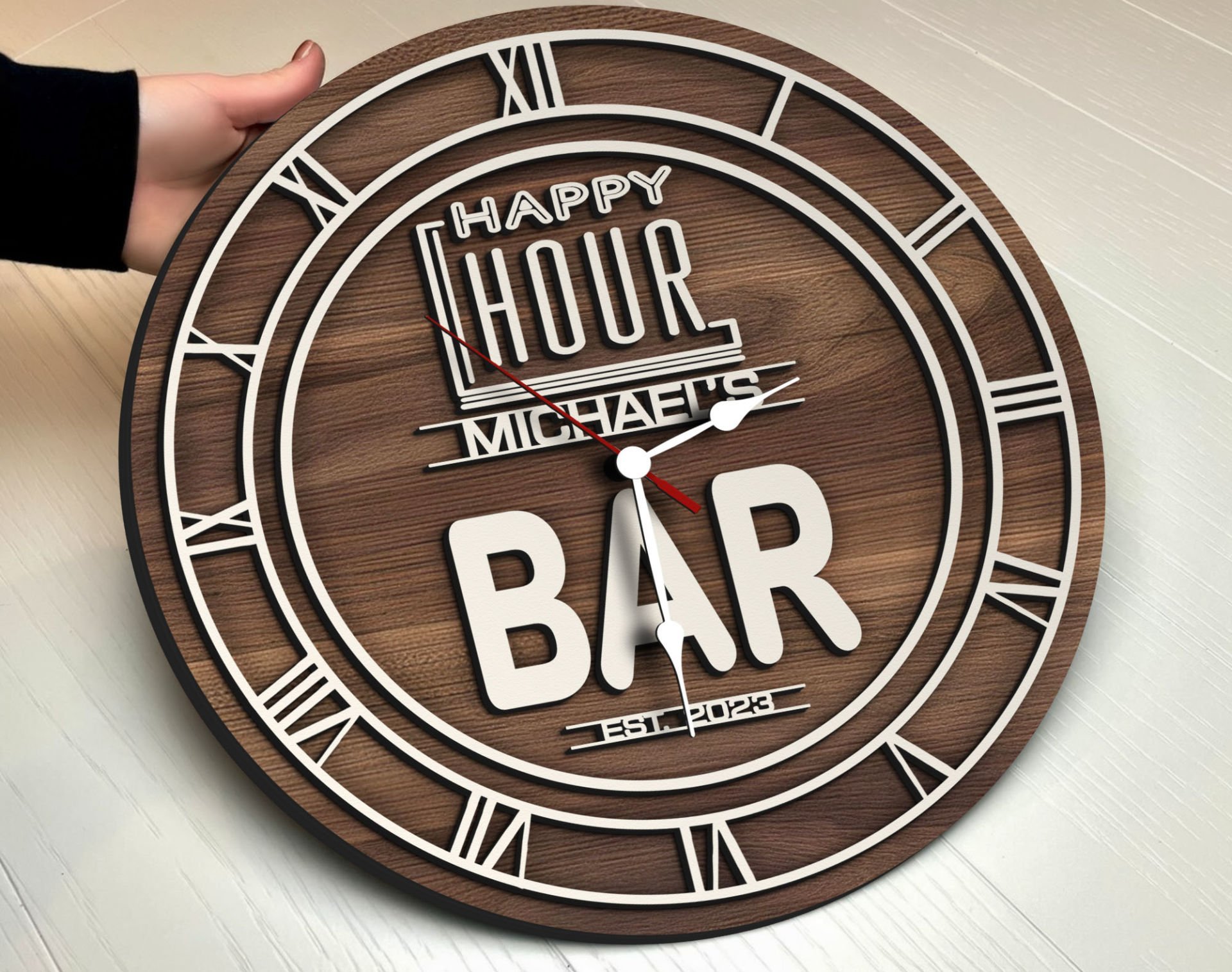 BK Gift Barlara Özel Dekoratif Ceviz Ahşap Duvar Saati 35cm-17 , Bar Duvar Saati , Cafe Duvar Saati , Özel Ahşap Saat