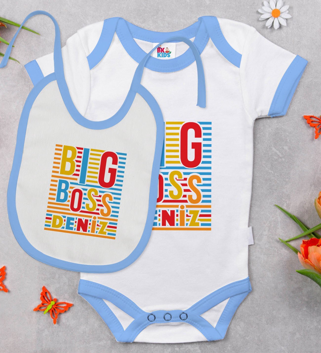 BK Kids Kişiye Özel Big Boss Tasarımlı Mavi Bebek Body Zıbın ve Mama Önlüğü Hediye Seti