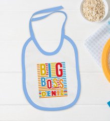 BK Kids Kişiye Özel Big Boss Tasarımlı Mavi Bebek Body Zıbın ve Mama Önlüğü Hediye Seti