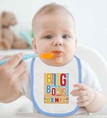 BK Kids Kişiye Özel Big Boss Tasarımlı Mavi Bebek Body Zıbın ve Mama Önlüğü Hediye Seti