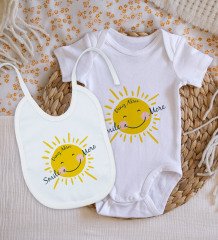 BK Kids Kişiye Özel Smile More Tasarımlı Bebek Body Zıbın ve Mama Önlüğü Hediye Seti - Model 1
