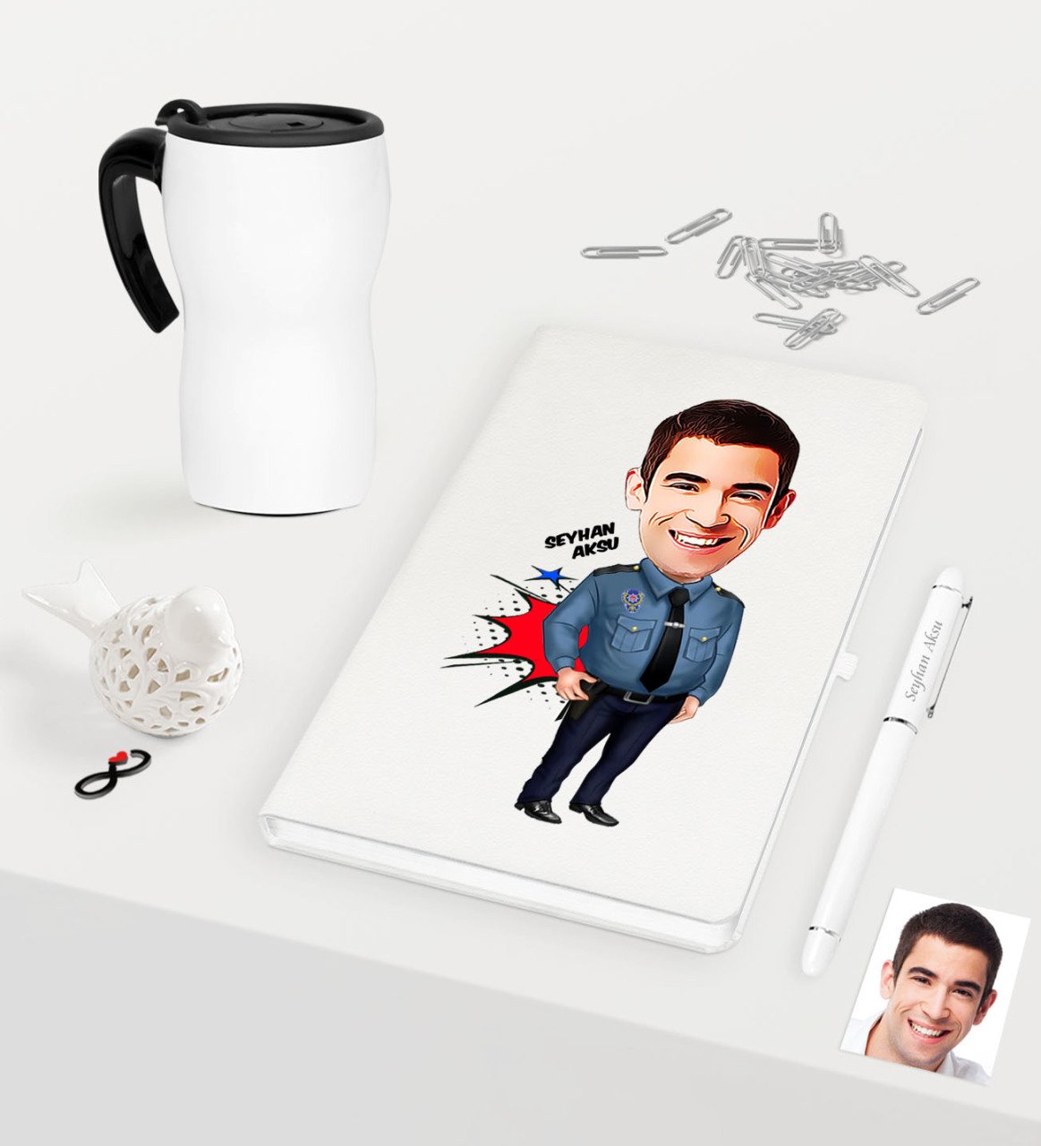 Kişiye Özel Bay Polis Karikatürlü Beyaz Defter Kalem Termos Mug Seti - 3