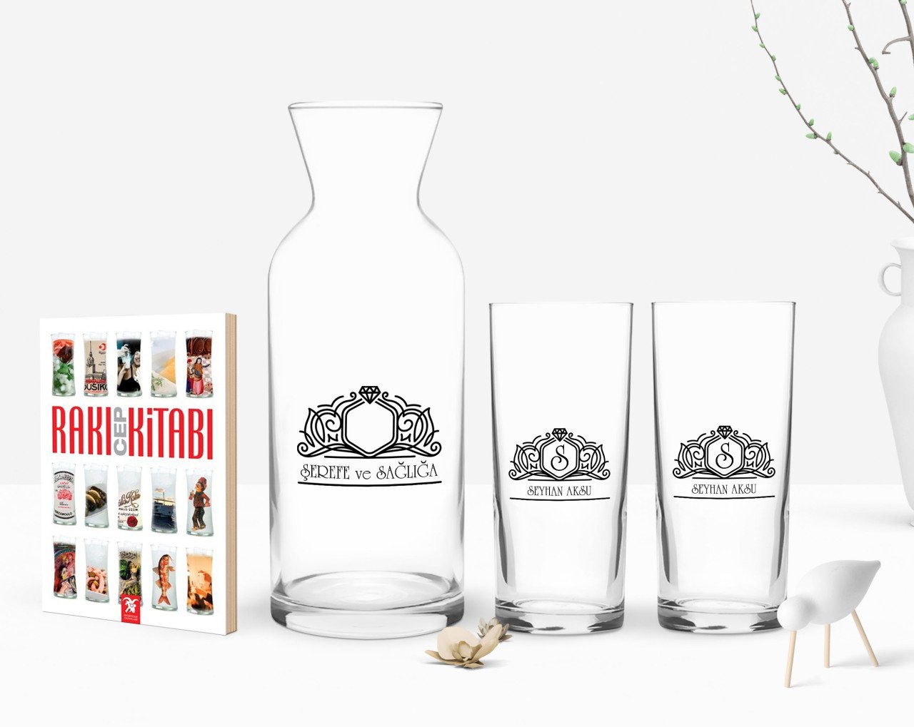 Kişiye Özel Renkli Baskılı İsimli İkili Rakı Bardağı Karaf ve Cep Kitabı Hediye Seti-13