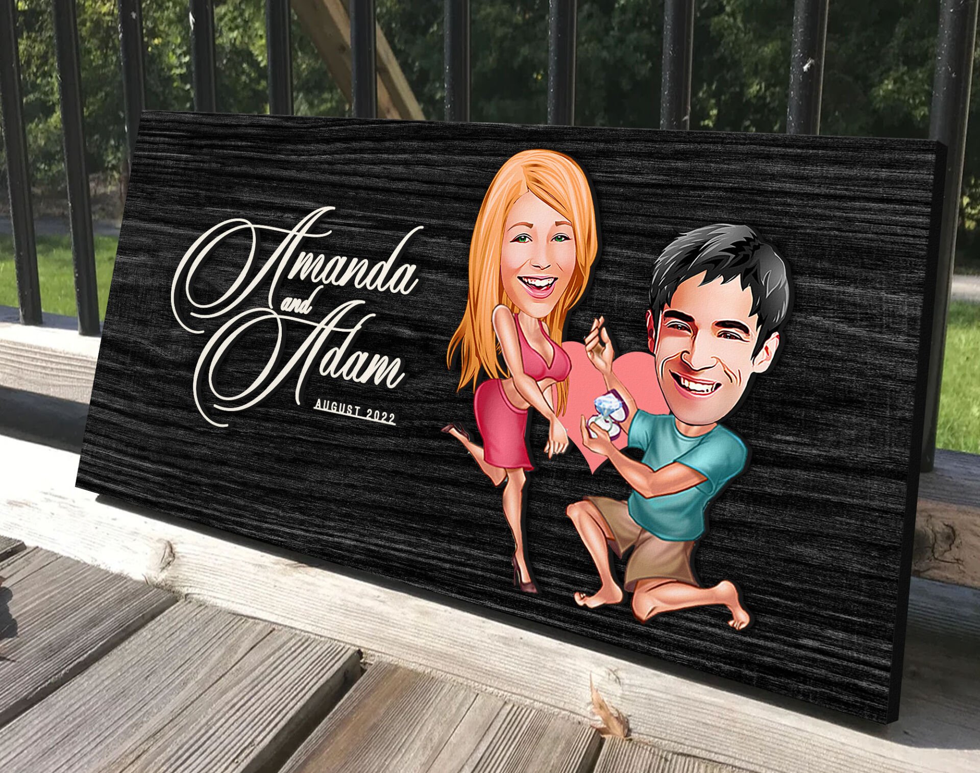 BK Gift Kişiye Özel Sevgililer Karikatürlü Antik Siyah (Ebony) Ahşap Tabela-19, Dekoratif Tabela, Rustik Ev Dekorasyonu, Duvar Dekoru