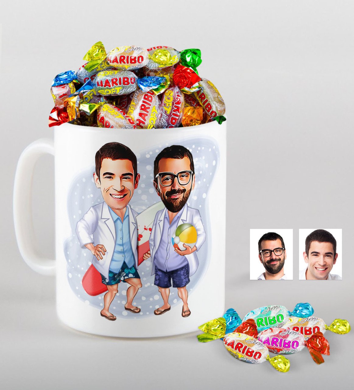Kişiye Özel Sörfçüler Karikatürlü Kupa ve Haribo Şeker Hediye Seti-1
