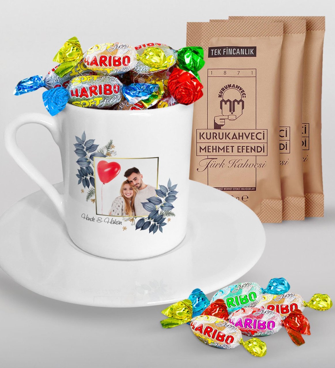 Kişiye Özel İsimli Fotoğraflı Türk Kahvesi Fincanı Mehmet Efendi Kahve ve Haribo Şeker Hediye Seti-33