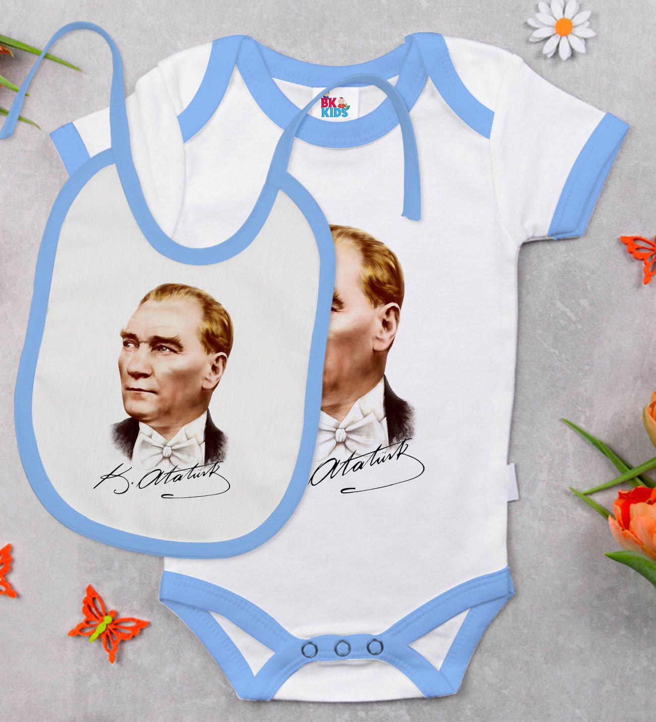 BK Kids Atatürk Temalı Mavi Bebek Body Zıbın ve Mama Önlüğü Hediye Seti-15