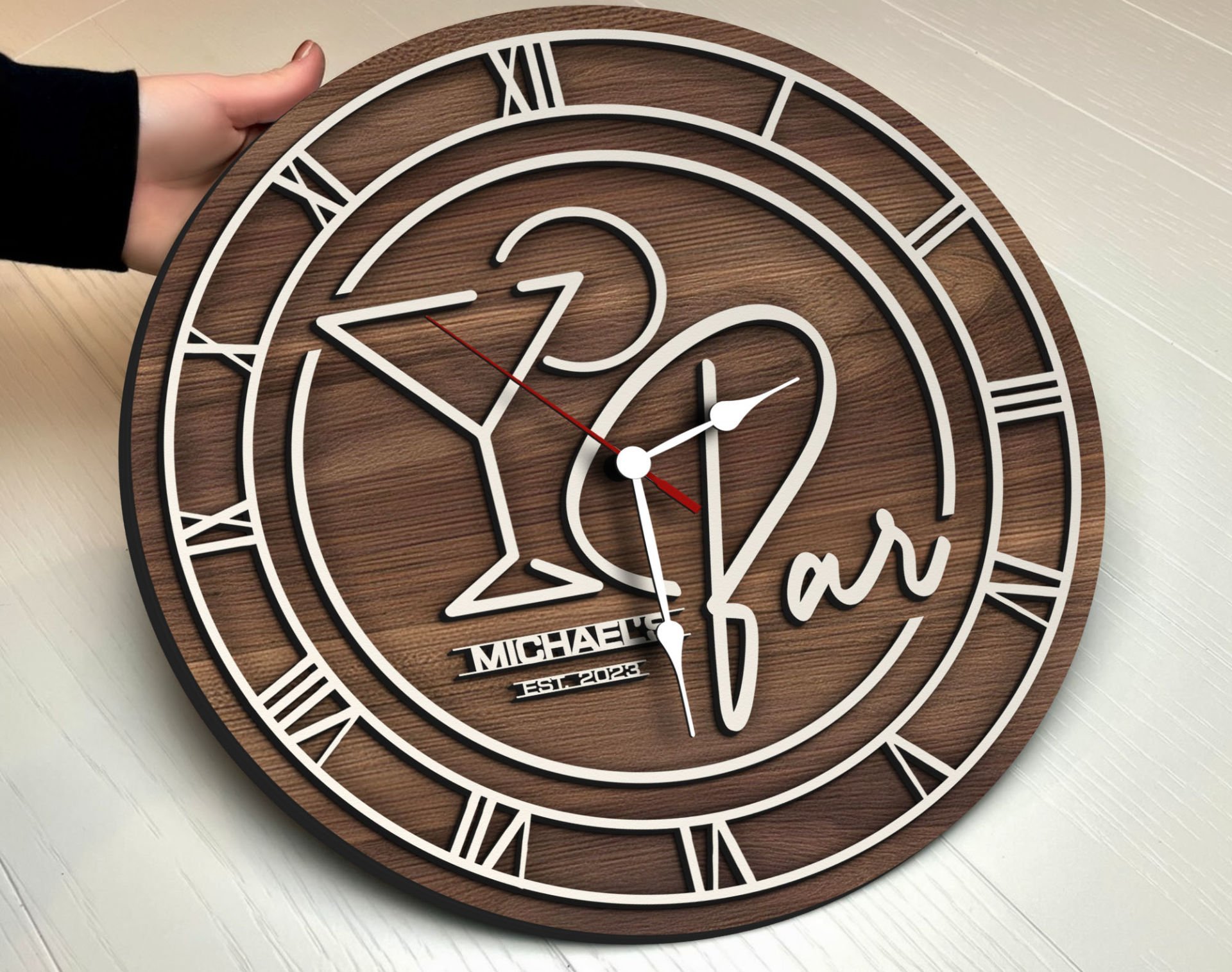 BK Gift Barlara Özel Dekoratif Ceviz Ahşap Duvar Saati 35cm-20 , Bar Duvar Saati , Cafe Duvar Saati , Özel Ahşap Saat