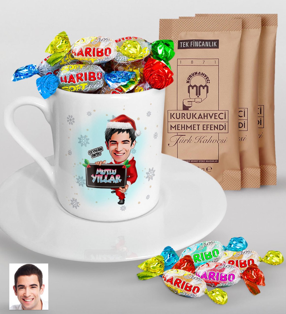 Kişiye Özel Erkek Yeni Yıl Karikatürlü Türk Kahvesi Fincanı Mehmet Efendi Kahve ve Haribo Şeker Hediye Seti-1