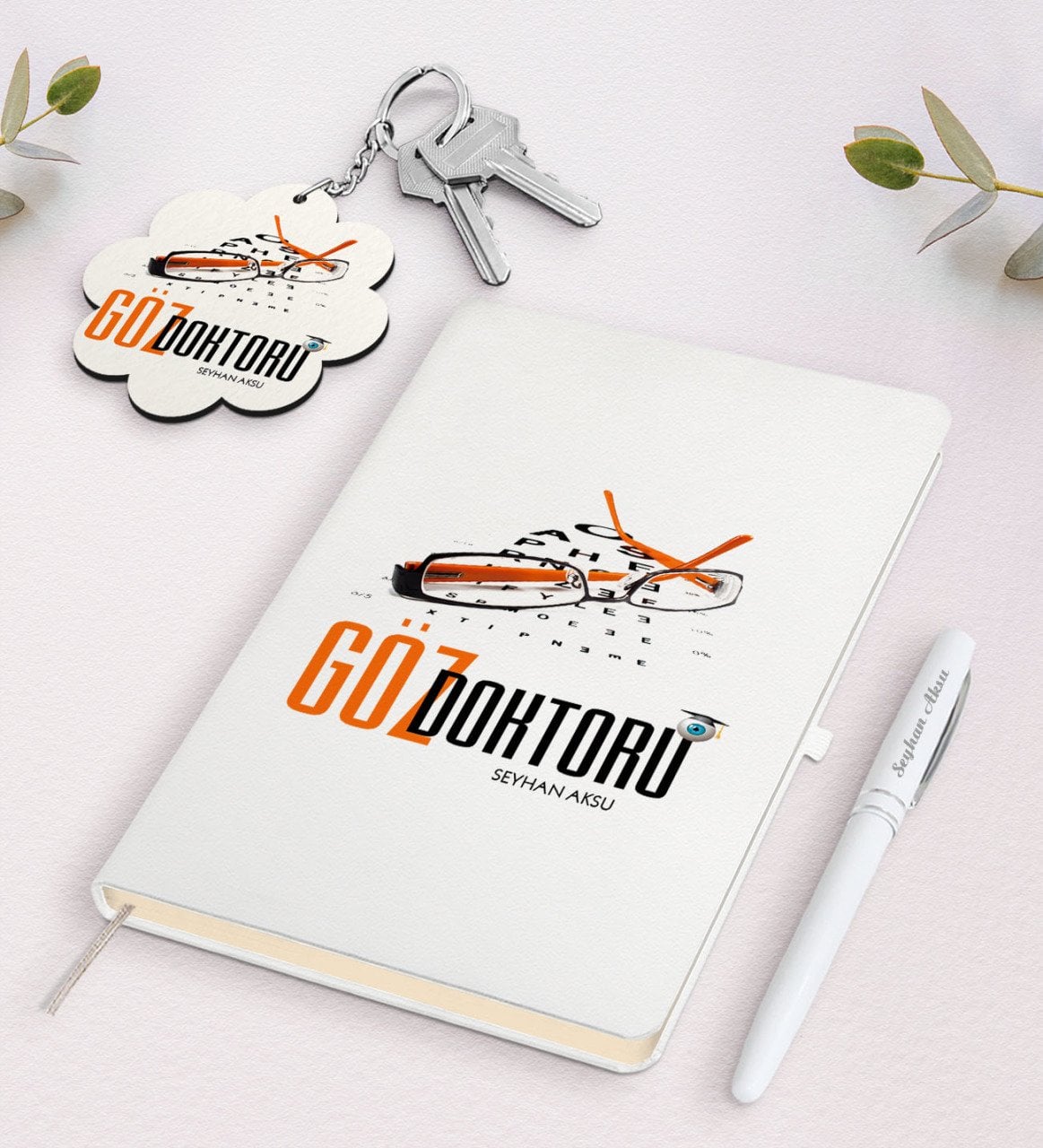 Kişiye Özel Göz Doktoru Beyaz Defter Kalem Ve Anahtarlık Hediye Seti