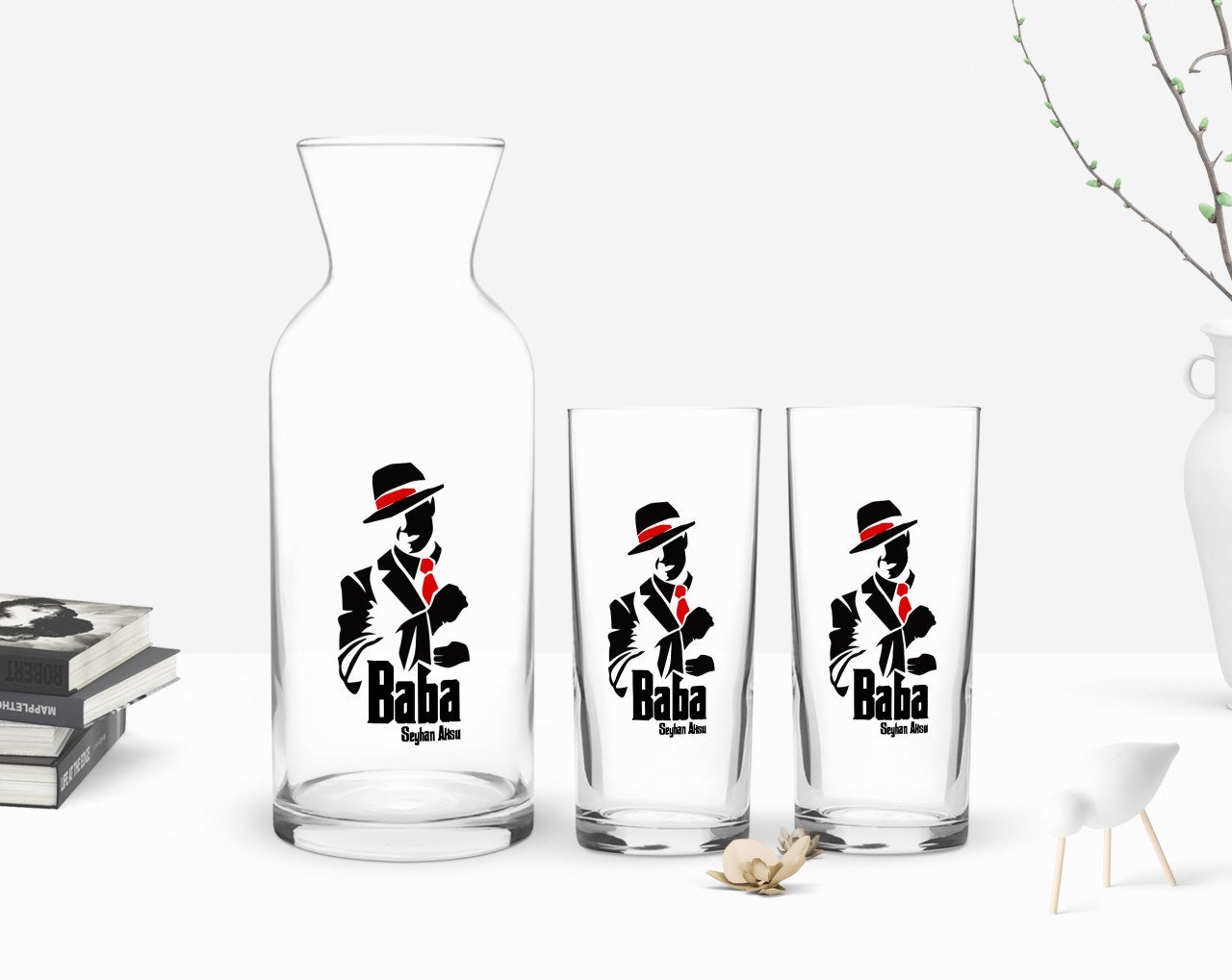 Kişiye Özel Renkli Baskılı Godfather Baba Tasarımlı İkili Rakı Bardağı ve Karaf Hediye Seti-18