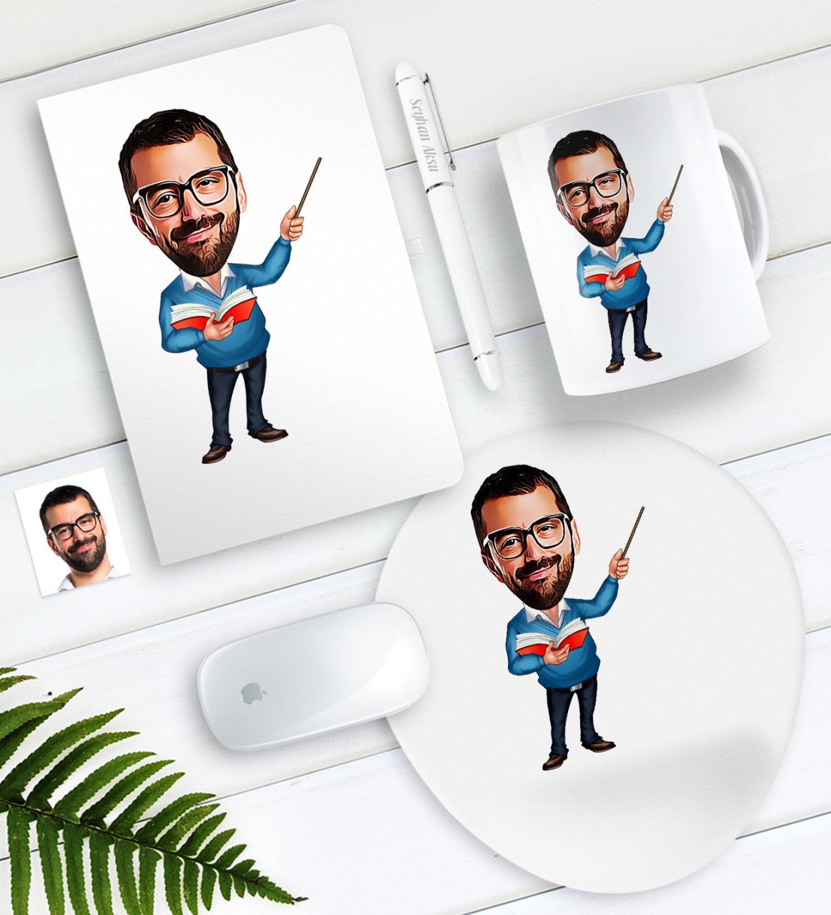Kişiye Özel Bay Öğretmen Karikatürlü Defter Kalem Kupa Mouse Pad Seti-4