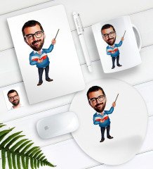 Kişiye Özel Bay Öğretmen Karikatürlü Defter Kalem Kupa Mouse Pad Seti-4