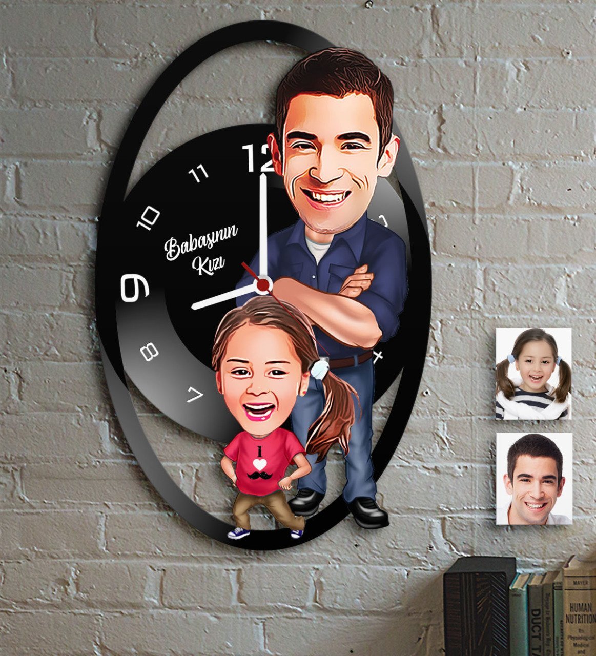 Babalar Gününe Özel Baba Kız Karikatür Ahşap Duvar Saati - 10