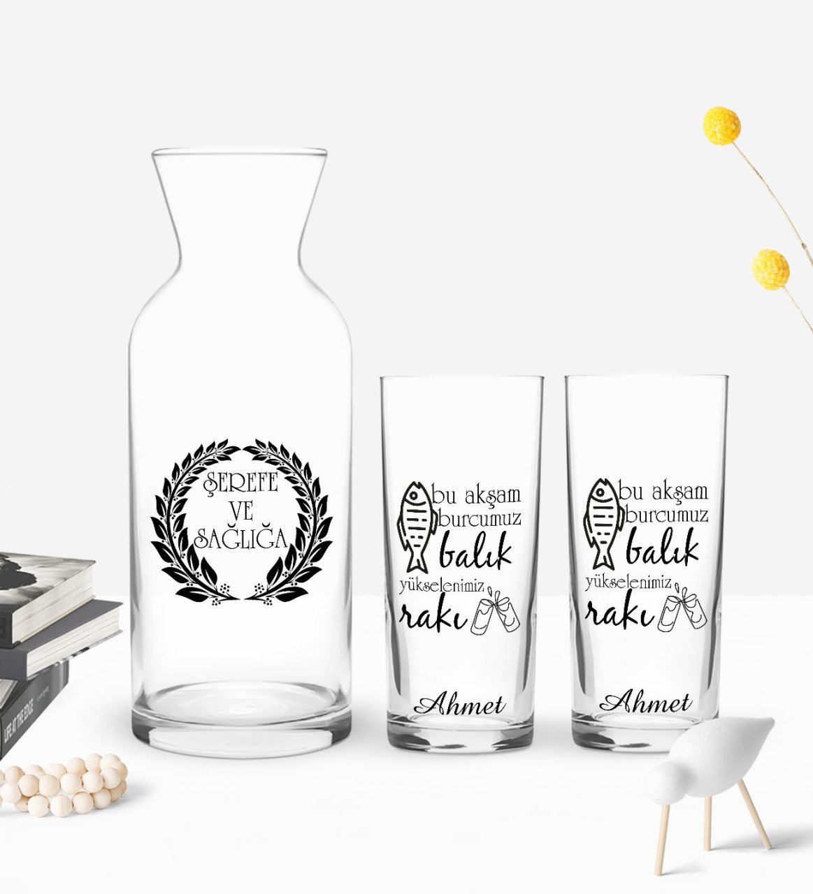 Kişiye Özel Renkli Baskılı Bu Akşam Burcumuz Tasarımlı İkili Rakı Bardağı ve Karaf Hediye Seti-1