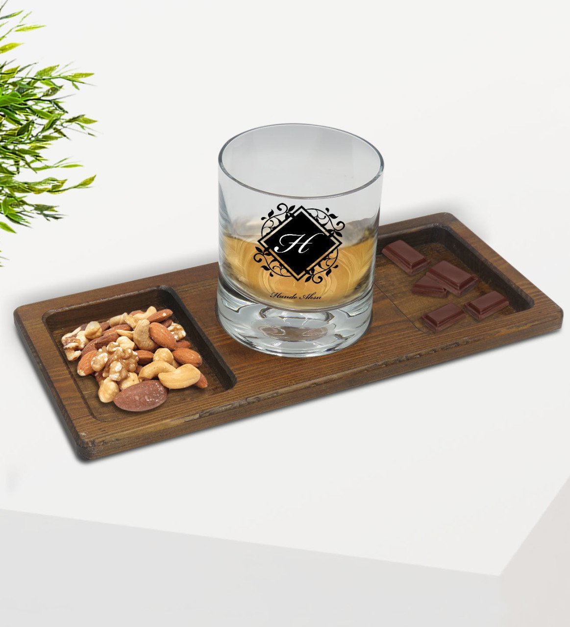 Kişiye Özel Baş Harfli İsimli Viski Bardağı ve Doğal Masif Ahşap Dikdörtgen Sunum Tabağı Çerezlik Hediye Seti-10
