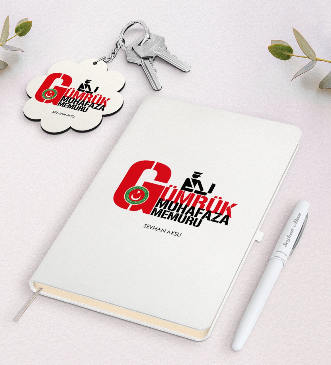 Kişiye Özel Gümrük Muhafaza Memuru Beyaz Defter Kalem Ve Anahtarlık Hediye Seti