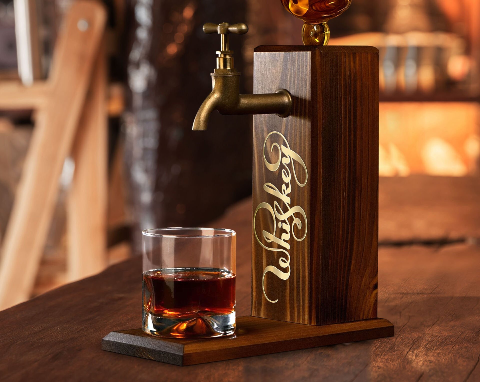 BK Gift Aynalı Altın Kabartma Musluklu Doğal Ceviz Ahşap Viski Standı, Home Bar, İçecek Dispenseri, Ahşap İçecek Çeşmesi-11