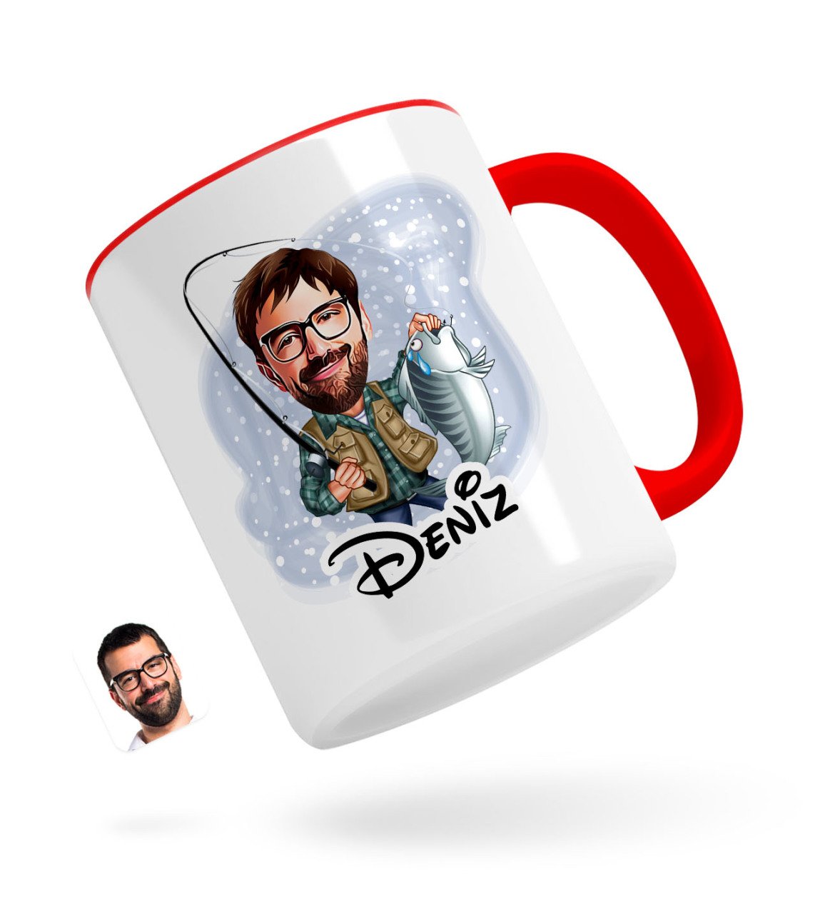 Kişiye Özel Erkek Balıkçı Karikatürlü Kırmızı Kupa Bardak