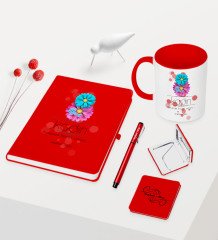 Kişiye Özel Kadınlar Günü Temalı Kırmızı Defter Kalem Kupa Ayna Seti - 9