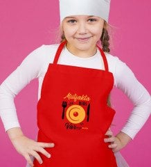 Kişiye Özel Mutfakta Biri Var Tasarımlı Kız Çocuk Kırmıız Mutfak Önlüğü-3