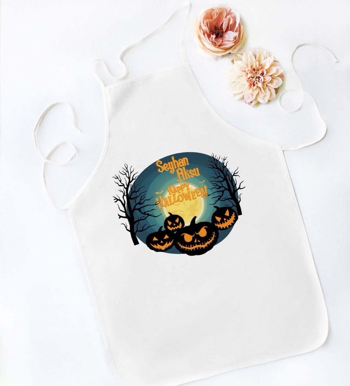 Kişiye Özel Happy Halloween Tasarımlı Beyaz Mutfak Önlüğü-14