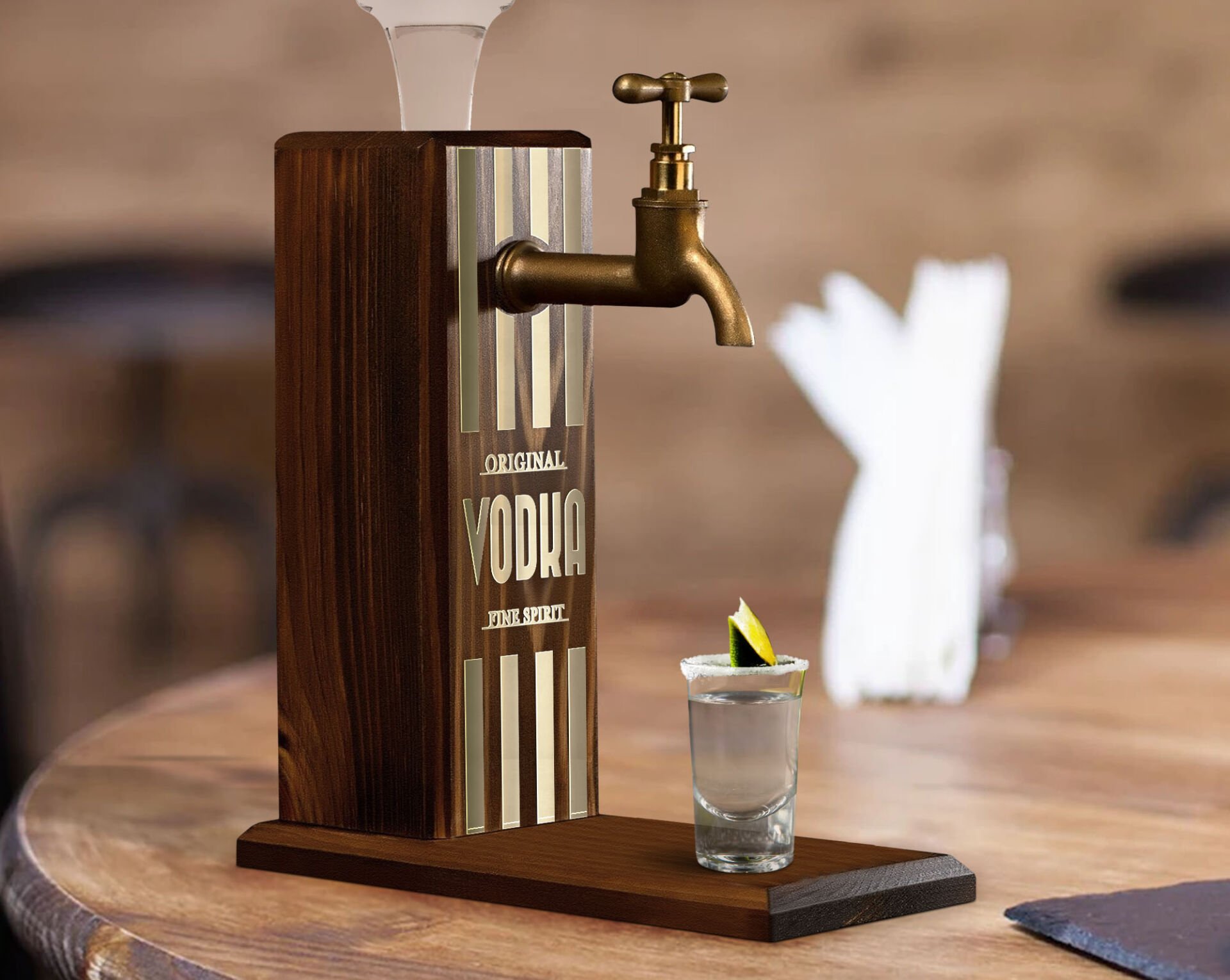 BK Gift Aynalı Altın Kabartma Musluklu Doğal Ceviz Ahşap Vodka Standı, Home Bar, İçecek Dispenseri, Ahşap İçecek Çeşmesi-1