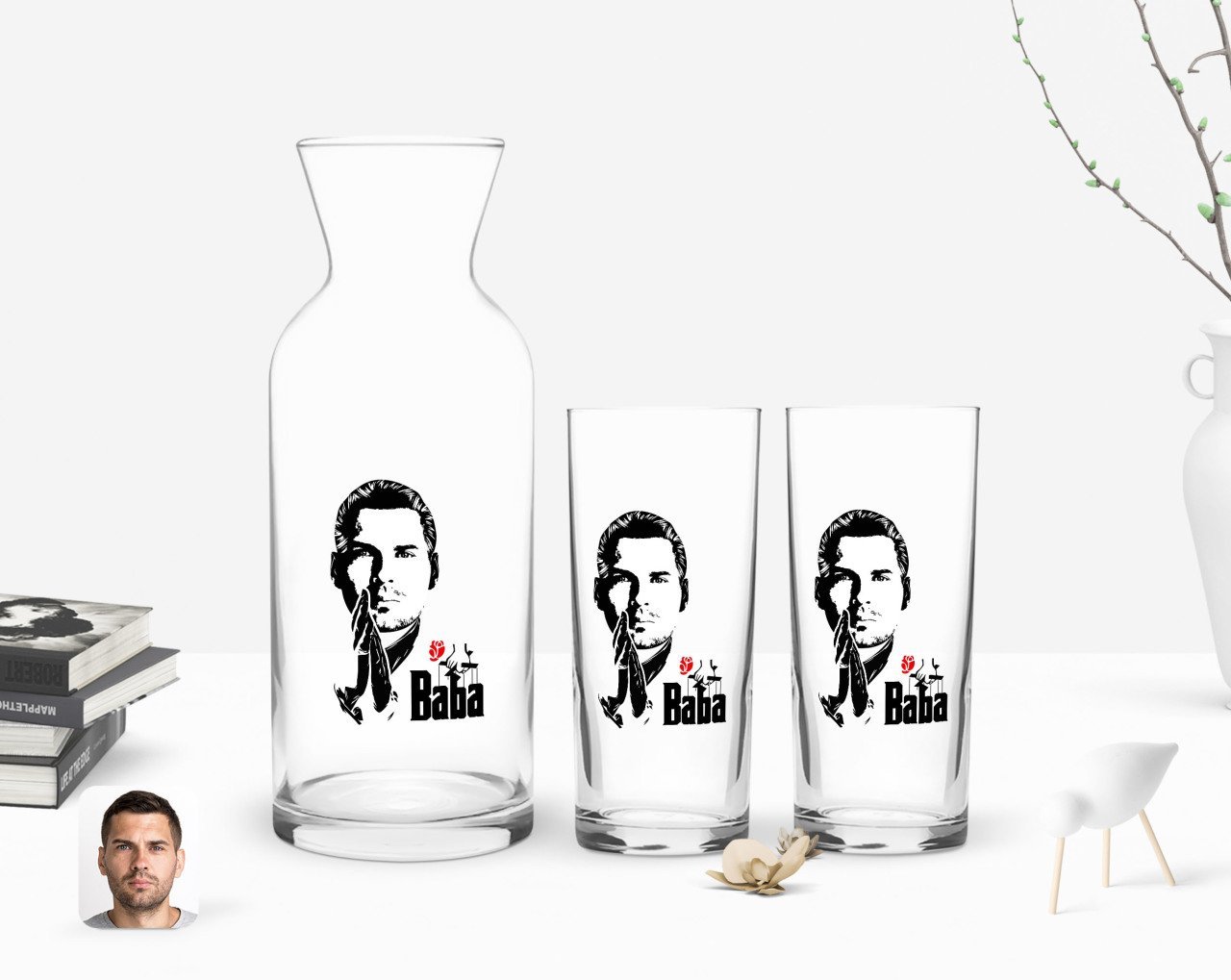 Kişiye Özel Renkli Baskılı Godfather Baba Tasarımlı İkili Rakı Bardağı ve Karaf Hediye Seti-1