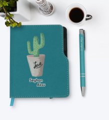 Kişiye Özel Kaktüs Tasarımlı Turkuaz Termo Deri Defter Kalem Seti-5