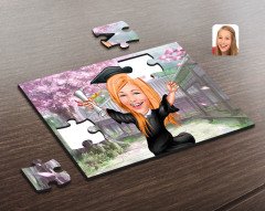 Kişiye Özel Kadın Mezun Karikatürlü Ahşap Puzzle-1