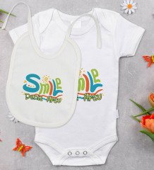 BK Kids Kişiye Özel Smile Tasarımlı Bebek Body Zıbın ve Mama Önlüğü Hediye Seti - Model 1