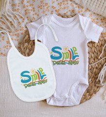 BK Kids Kişiye Özel Smile Tasarımlı Bebek Body Zıbın ve Mama Önlüğü Hediye Seti - Model 1