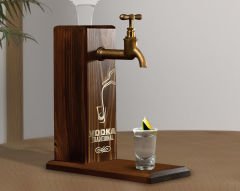 BK Gift Aynalı Altın Kabartma Musluklu Doğal Ceviz Ahşap Vodka Standı, Home Bar, İçecek Dispenseri, Ahşap İçecek Çeşmesi-2
