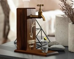 BK Gift Aynalı Altın Kabartma Musluklu Doğal Ceviz Ahşap Vodka Standı, Home Bar, İçecek Dispenseri, Ahşap İçecek Çeşmesi-2