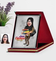 Kişiye Özel Tesettürlü Bayan Öğretmen Karikatürlü Kırmızı Plaket - 2