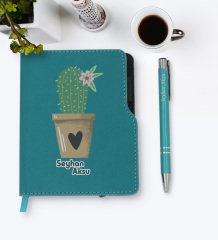 Kişiye Özel Kaktüs Tasarımlı Turkuaz Termo Deri Defter Kalem Seti-6