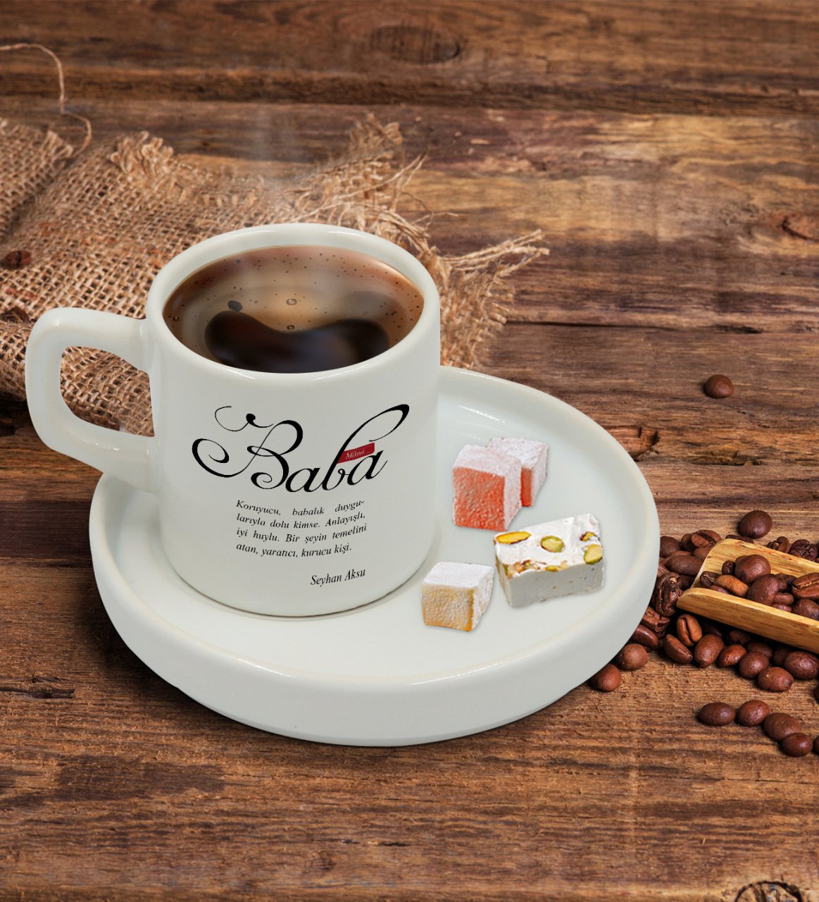 Kişiye Özel Mânâ Baba Tasarımlı Sunum Tabaklı Türk Kahvesi Fincanı Model 1