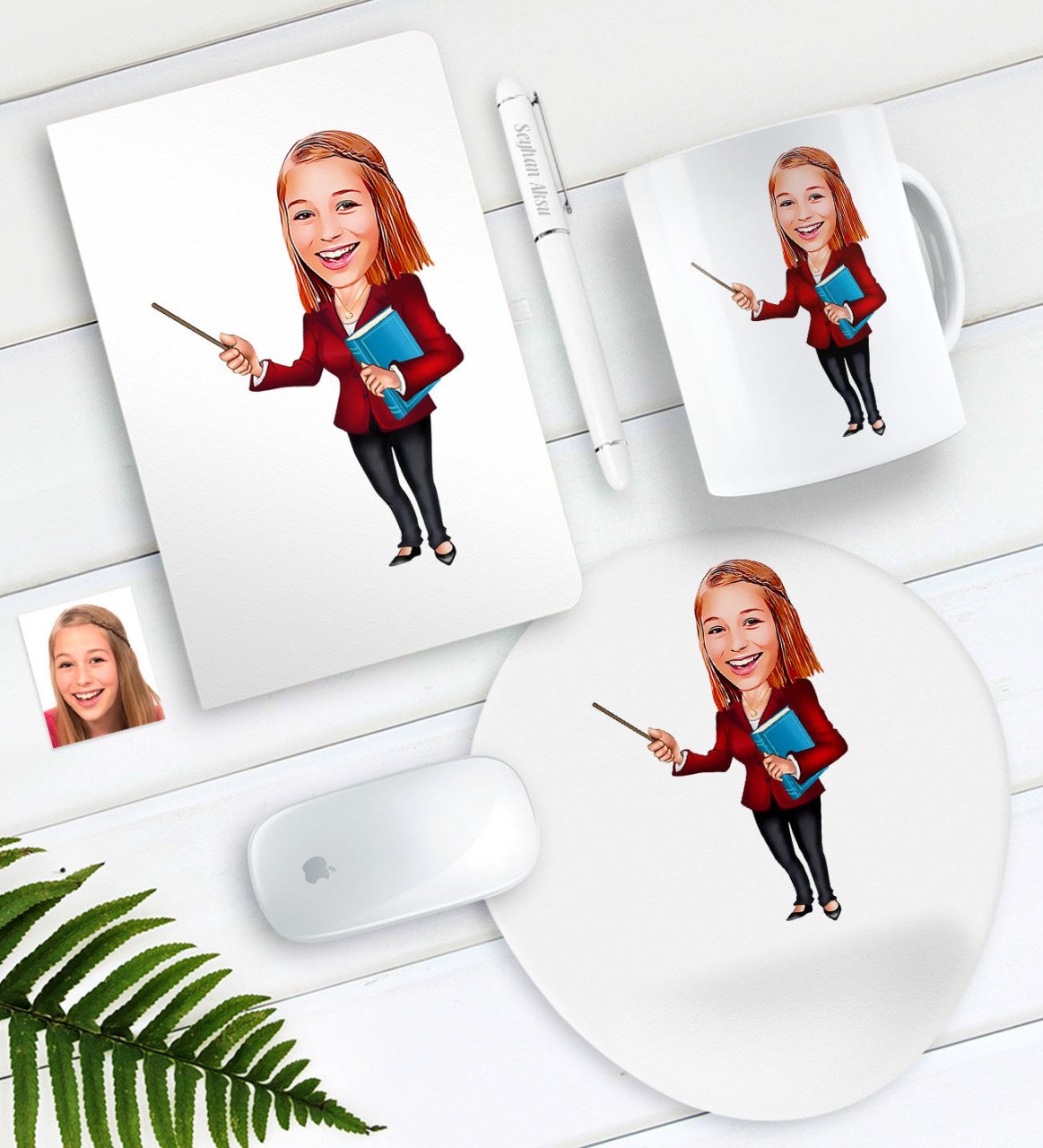 Kişiye Özel Bayan Öğretmen Karikatürlü Defter Kalem Kupa Mouse Pad Seti-3