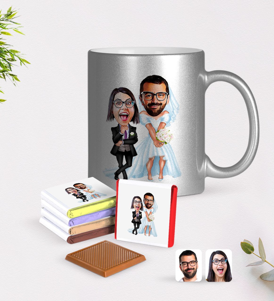 Kişiye Özel Sevgililer Karikatürlü Krom Kupa ve Çikolata Hediye Seti-16