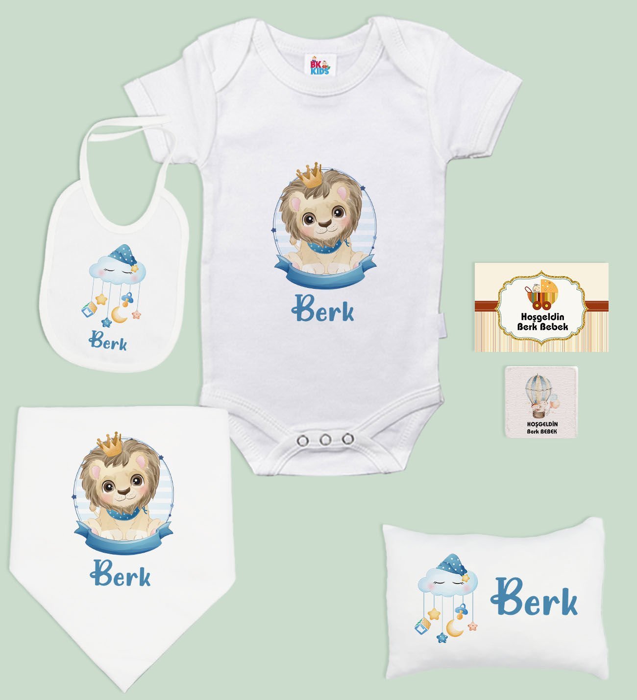 BK Kids Kişiye Özel İsimli 6 Parça Bebek Body Zıbın Battaniye ve Yastık Hediye Seti, Yeni Doğan Bebek Giyim Hediyesi-5