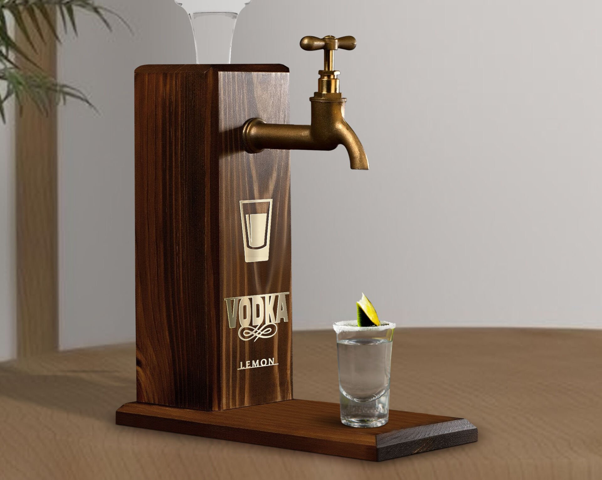 BK Gift Aynalı Altın Kabartma Musluklu Doğal Ceviz Ahşap Vodka Standı, Home Bar, İçecek Dispenseri, Ahşap İçecek Çeşmesi-4