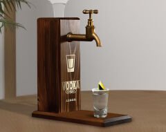 BK Gift Aynalı Altın Kabartma Musluklu Doğal Ceviz Ahşap Vodka Standı, Home Bar, İçecek Dispenseri, Ahşap İçecek Çeşmesi-4